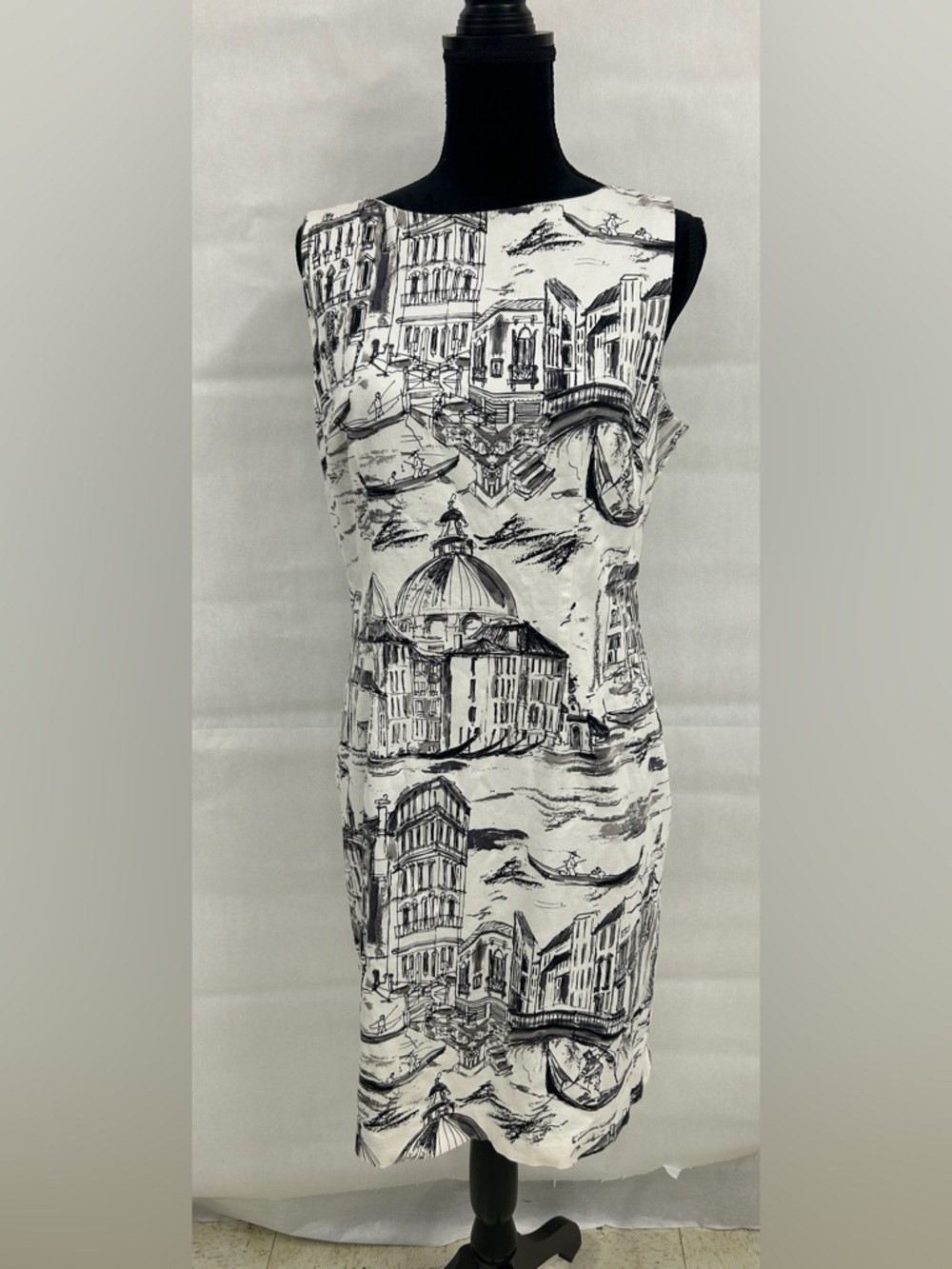 Leslie Fay Size 14 Black White Scenic Print Sheath Dress Parisian Chic European